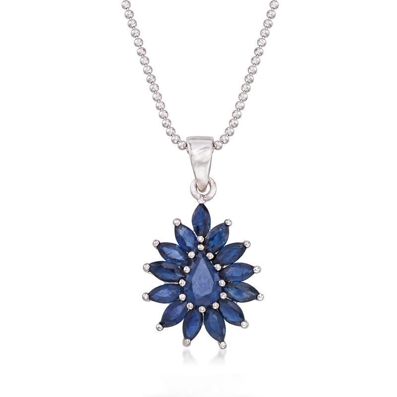 Sterling silver necklace with blue sapphire cluster pendant and round prong-set stones