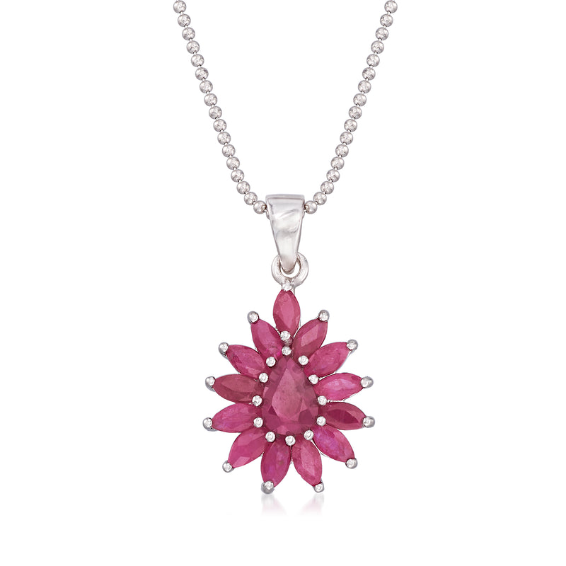 Sterling silver ruby cluster pendant necklace with pink center and diamond accents