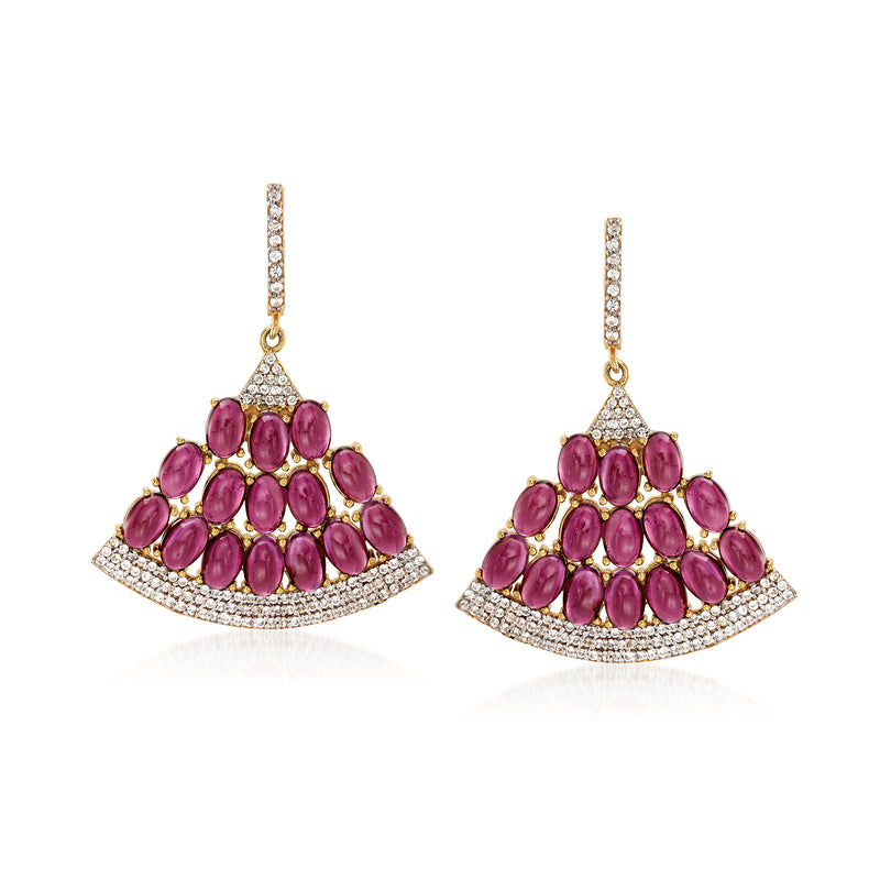 Gold drop fan earrings with purple oval stones and white zircon pave border.