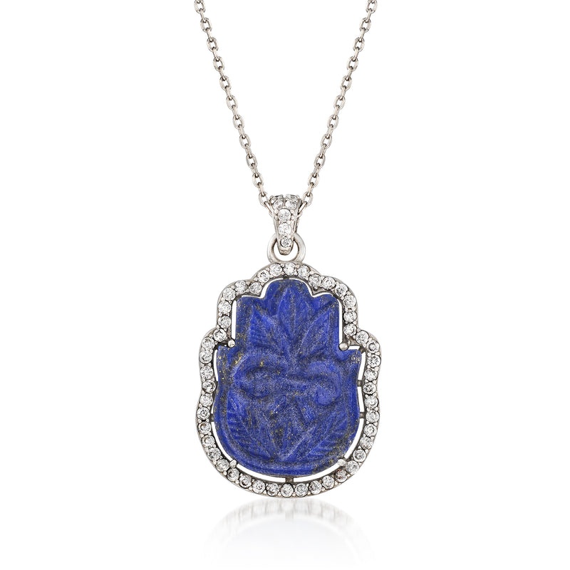 Sterling silver hamsa pendant necklace with blue lapis center and white zircon halo