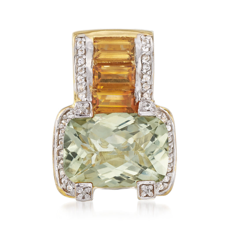 Gold-tone gemstone pendant with rectangular green and orange stones, halo of white zircons