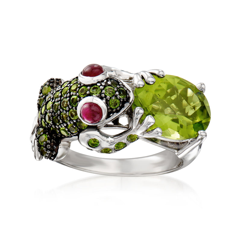 Sterling silver frog ring with large green gemstone and red accents
