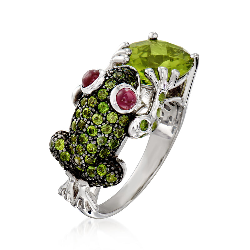 Sterling silver frog ring with round green stones and red cabochon eyes