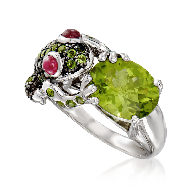 Sterling silver frog ring with green oval gemstone and multicolor accent stones