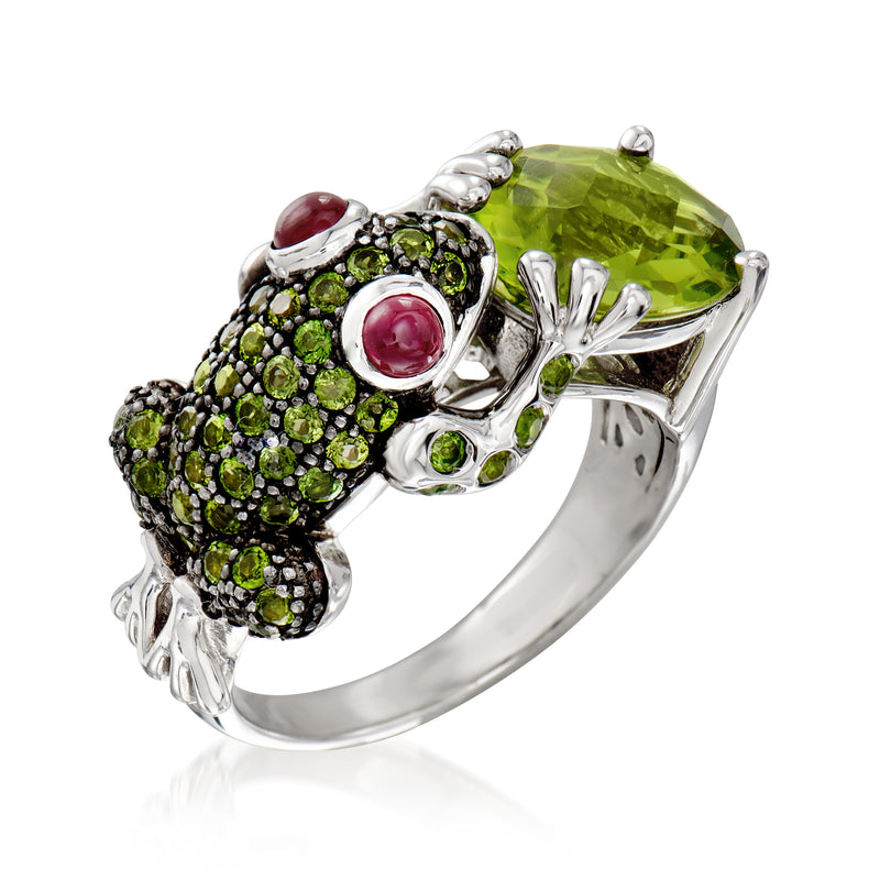 Sterling silver frog ring with multigemstone details and a large green center stone