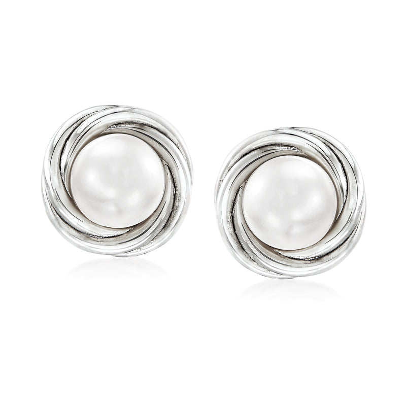 Sterling silver clip-on earrings with 8mm white cultured pearls in spiral rings