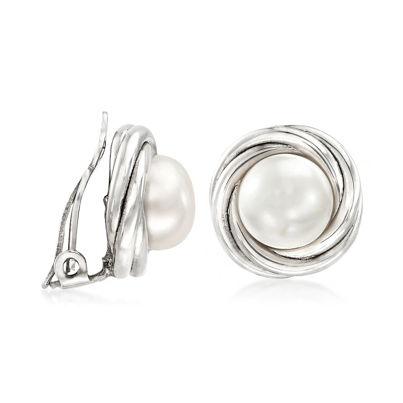 Sterling silver clip-on earrings with 8mm white cultured pearl and spiral frame