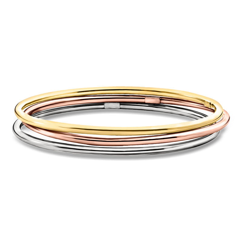 Three-polished bangle bracelet set in gold, rose gold, and silver tones