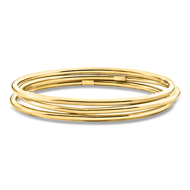 Polished gold over sterling bangle set of three, stacked in a circular view