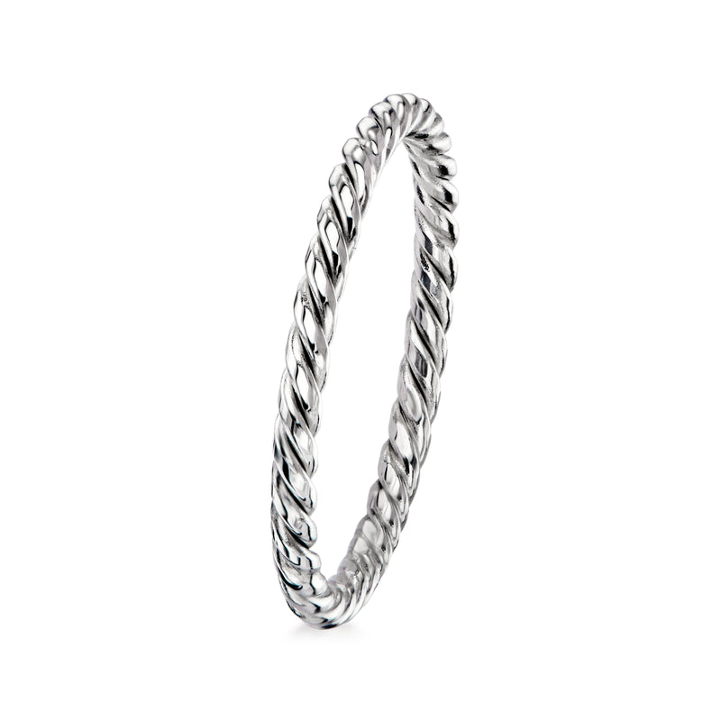 Twisted roped white gold ring band, open angle view, polished shine