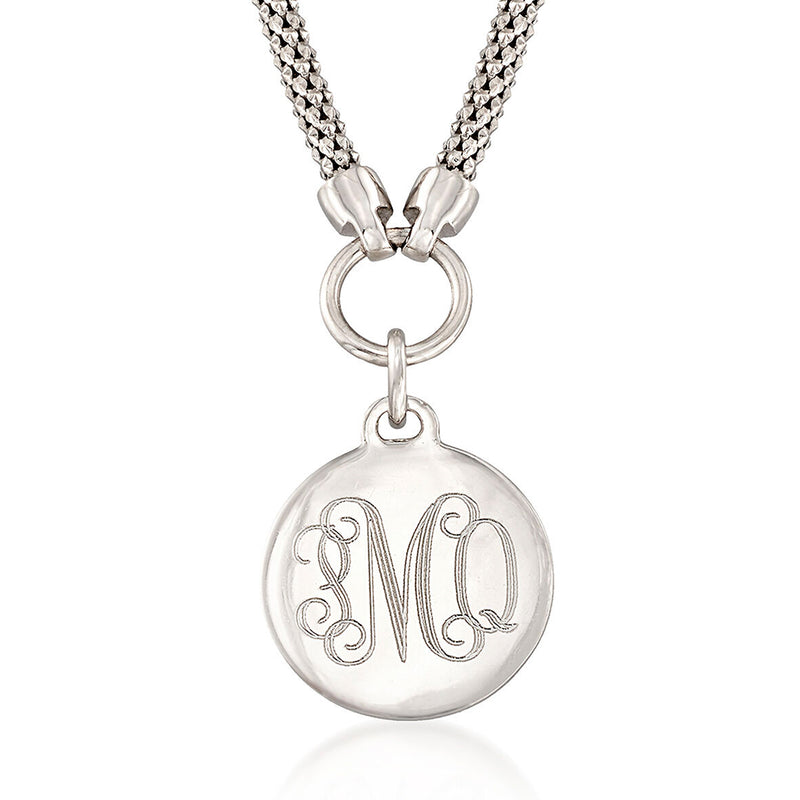 Sterling silver monogram disc necklace with round pendant and linked chain