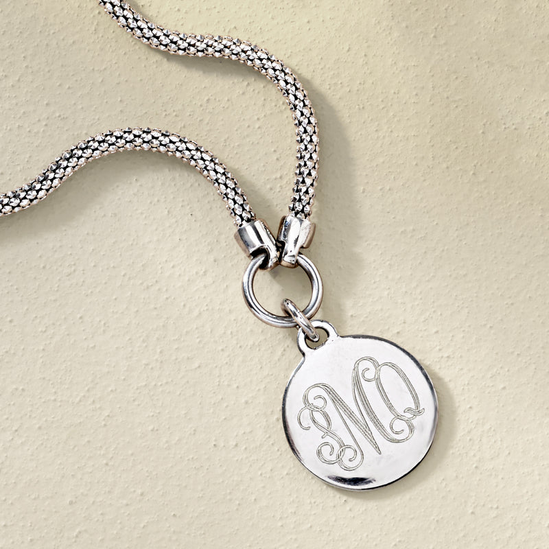 Sterling silver round monogram disc pendant necklace with loop bail and clasp