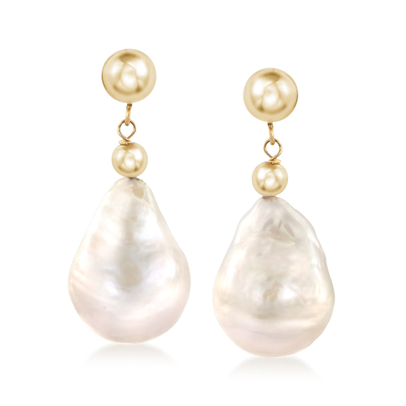 Cultured baroque pearl drop earrings, 14kt yellow gold with round top and teardrop pearl