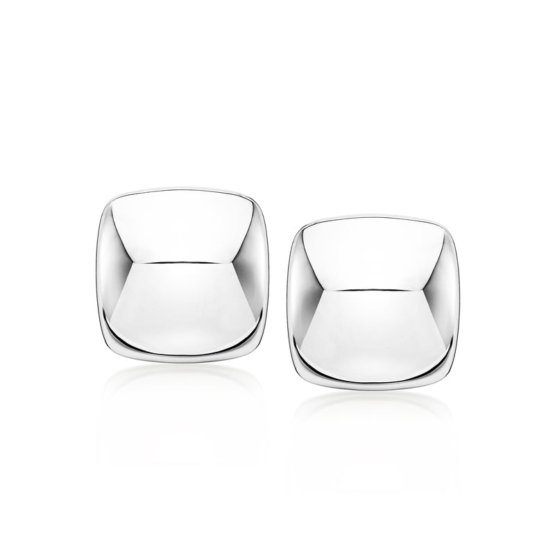 Polished sterling silver square clip-on earrings, smooth reflective surfaces