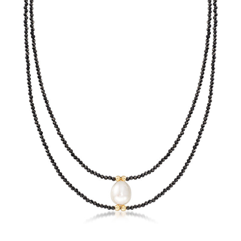 Layered black spinel bead necklace with cultured pearl drop and 14kt yellow gold caps