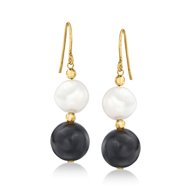 14kt yellow gold earwire drop earrings with white cultured pearl and dark onyx beads