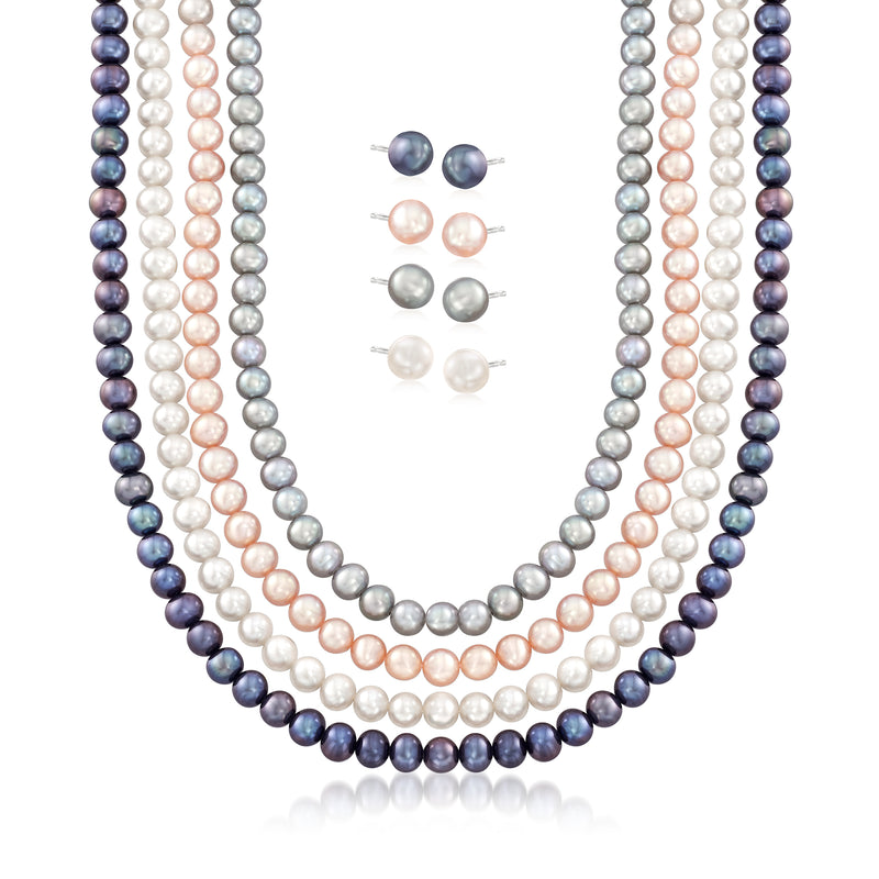 Multicolored cultured pearl jewelry set with layered necklaces and sterling stud earrings