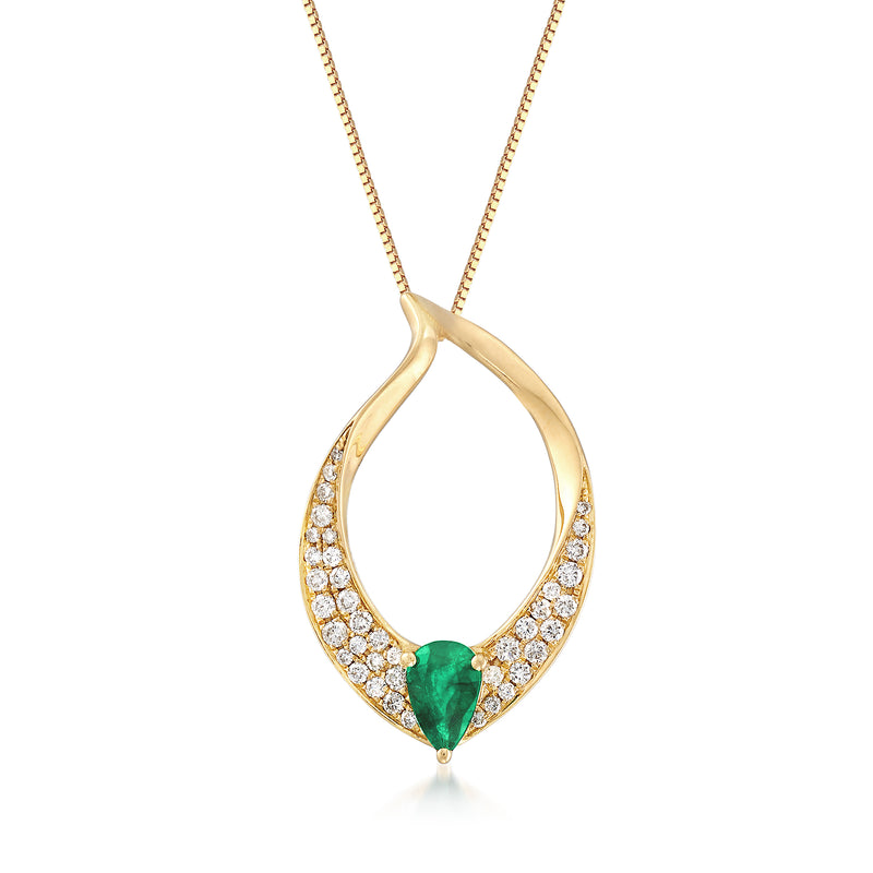 18kt yellow gold pendant necklace with teardrop emerald green stone and diamond halo