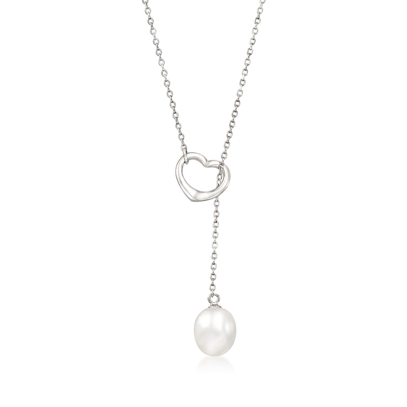 Sterling silver heart lariat necklace with 9–10mm cultured pearl drop