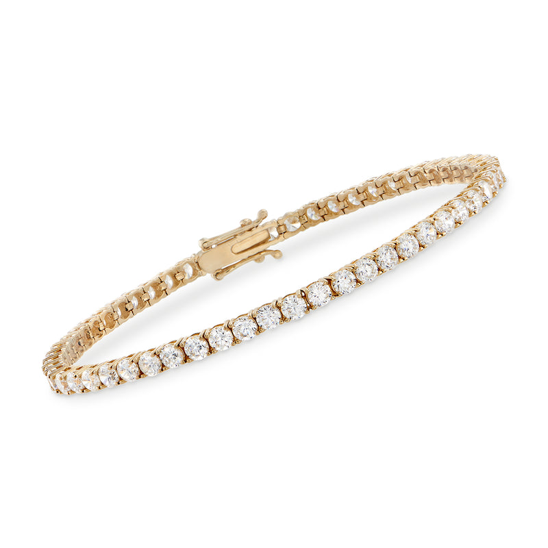 14kt yellow gold CZ tennis bracelet with round clear stones in a line