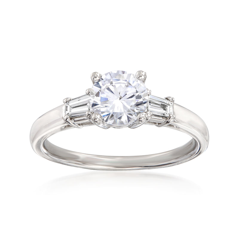 14kt white gold diamond engagement ring setting, round center with baguette side stones