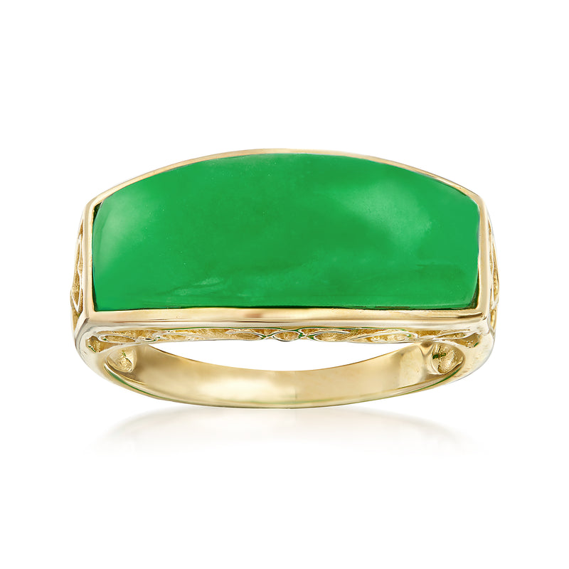 14kt yellow gold ring with green jade cabochon, rounded top and bezel