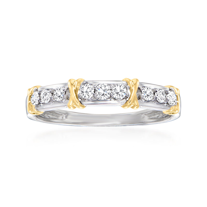 Two-tone gold diamond X station ring, 3 diamond rows