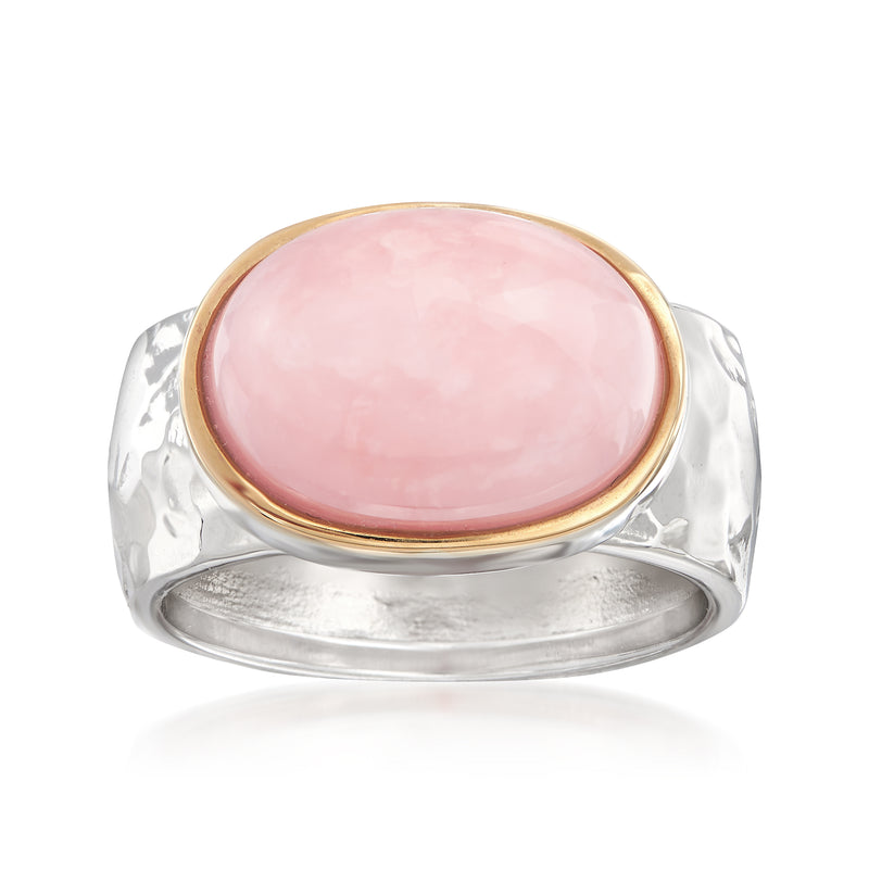 Sterling silver ring with oval pink opal cabochon bezel in 14kt yellow gold