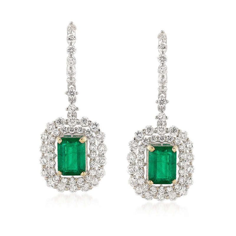 14kt white gold emerald-cut green gemstone diamond drop earrings with halo and fringe details