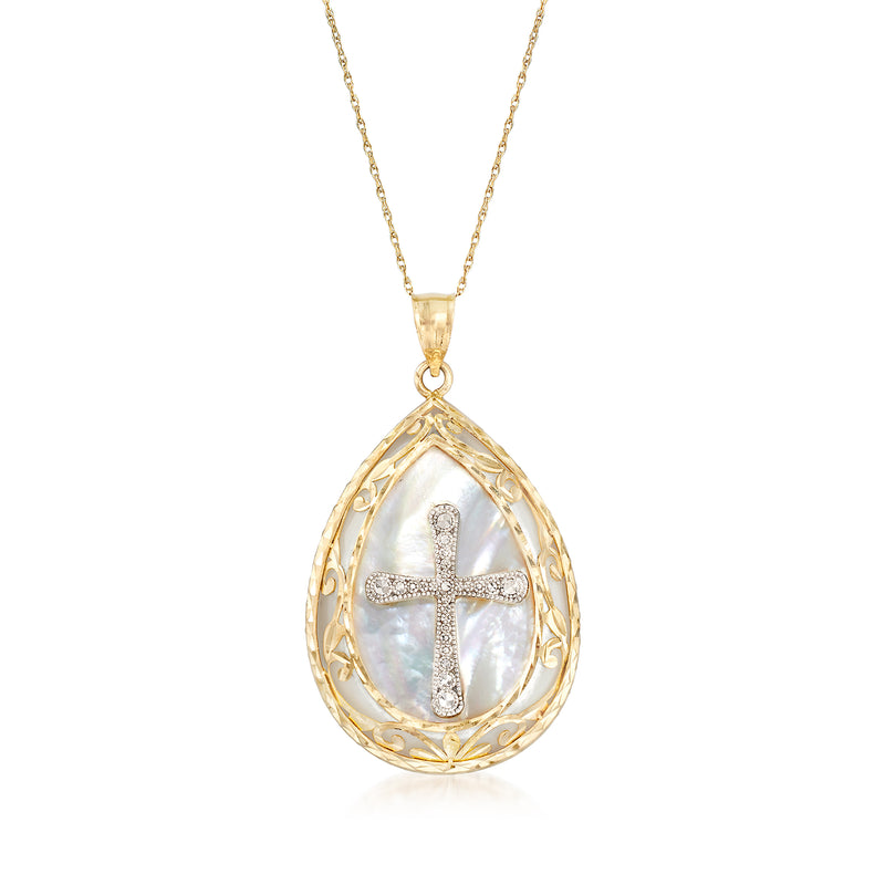 Two-tone 14kt gold cross pendant necklace with teardrop mother-of-pearl centerpiece