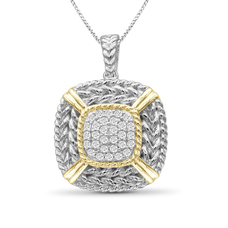 Two-tone sterling diamond cluster pendant, square rope-framed bezel on chain