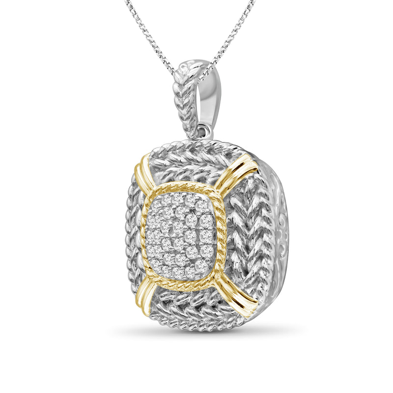 Two-tone sterling diamond cluster pendant, side view with rope frame and gold accents on chain