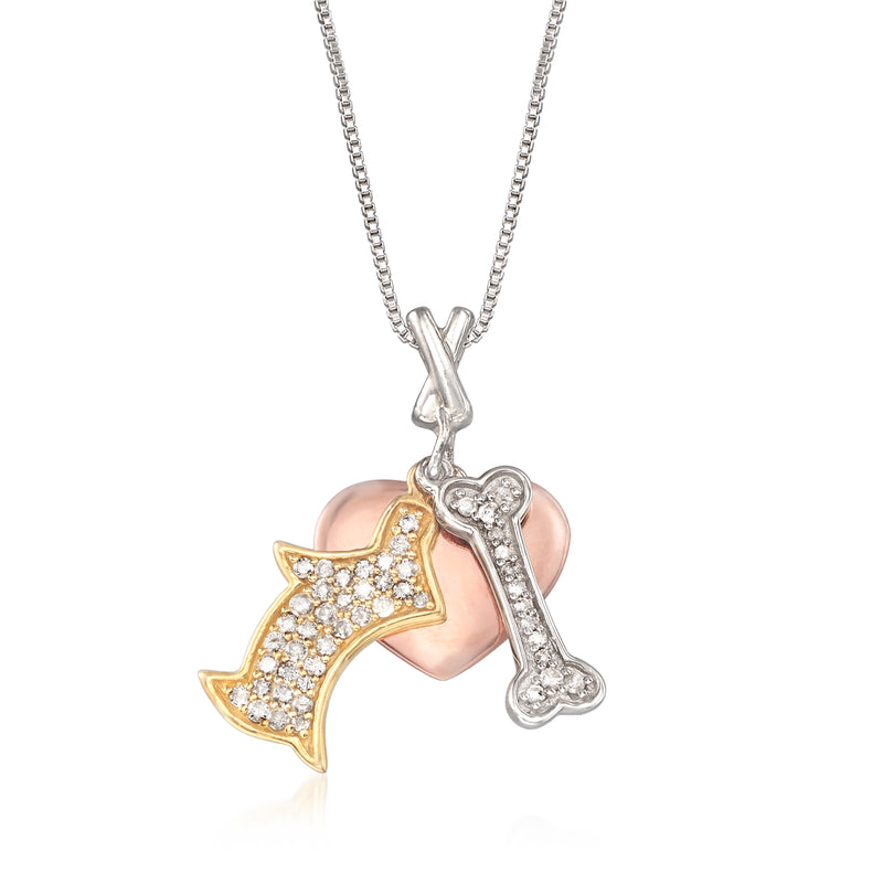 Diamond dog charm necklace in tri-colored sterling silver with heart and bone charms