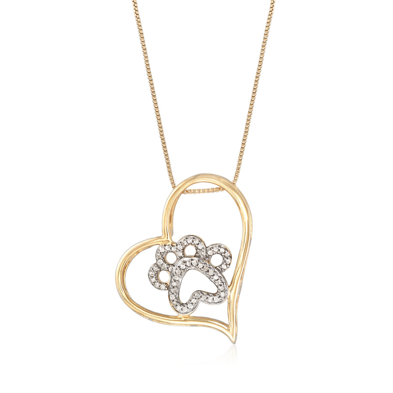 18kt gold over sterling heart pendant with paw print of sparkling stones