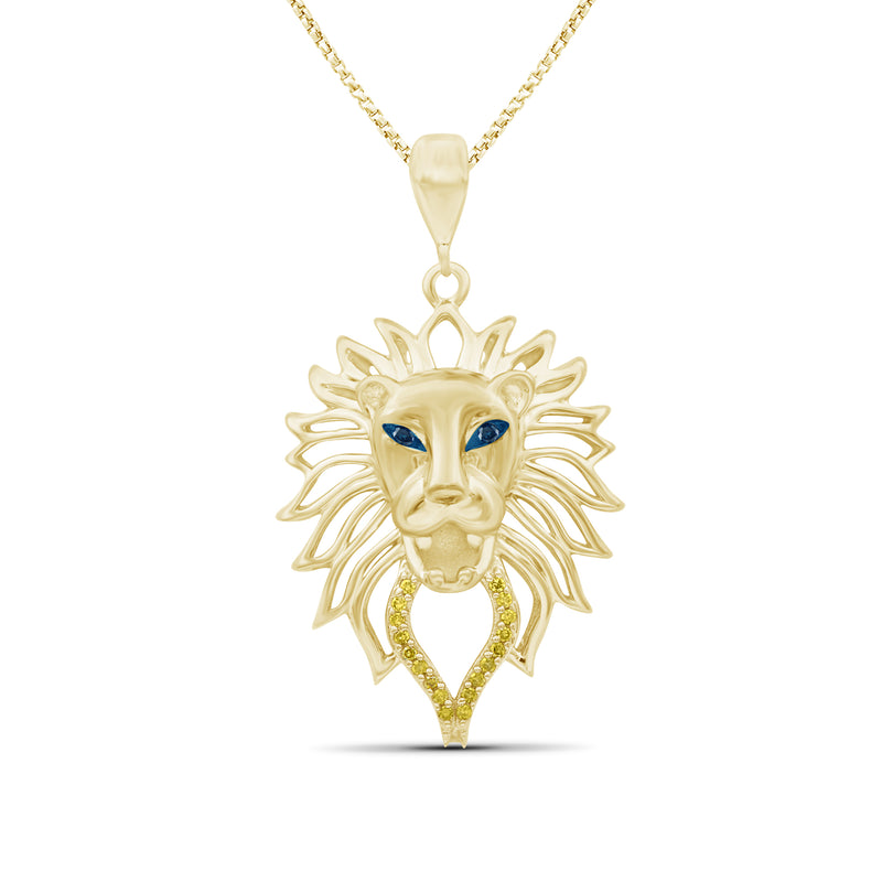 Gold lion head pendant necklace with blue accents and multicolored diamond detailing