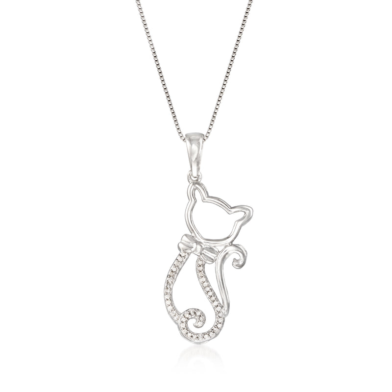 Sterling silver cat pendant necklace with diamond-accented tail and body