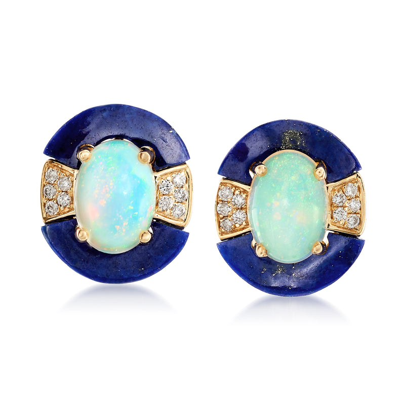 14kt yellow gold lapis and opal drop earrings with diamond accents