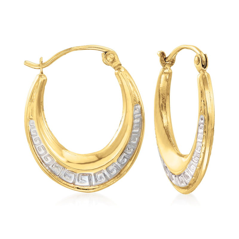 Two-tone gold Greek key oval hoop earrings, patterned outer band