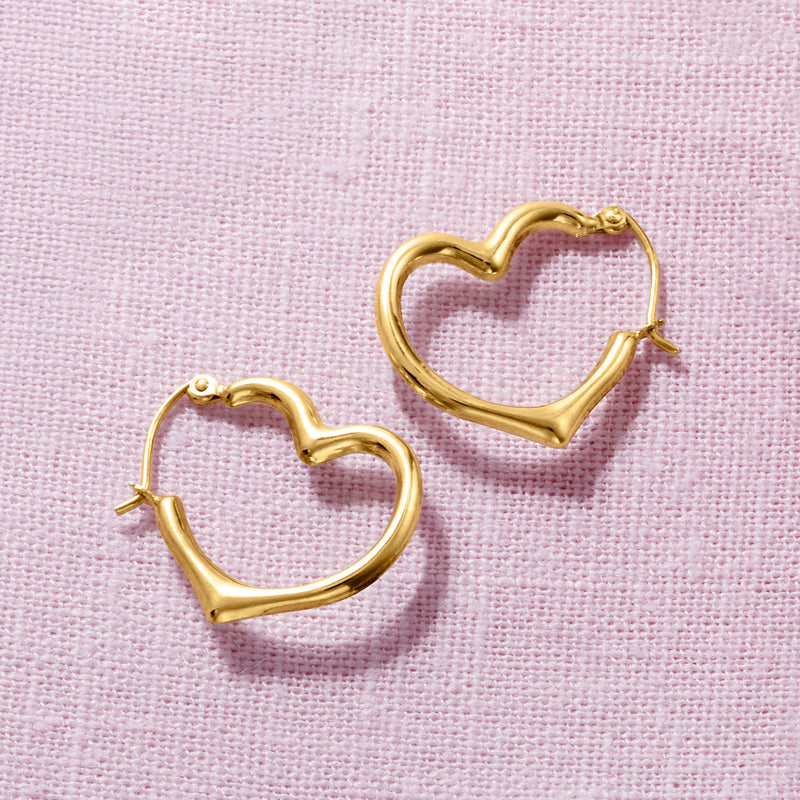 Yellow gold heart hoop earrings, heart-shaped outline front