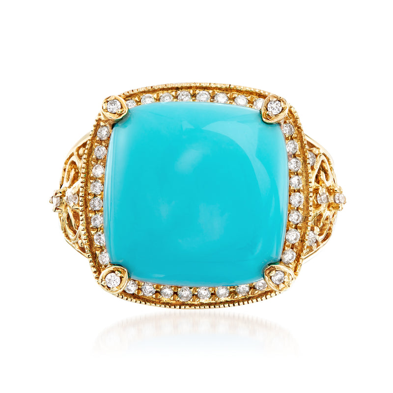 14kt yellow gold ring with square turquoise center and diamond halo accents