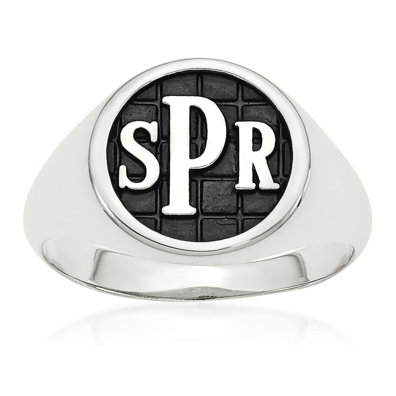 Antiqued sterling silver monogram signet ring with black inlay, letters SPR