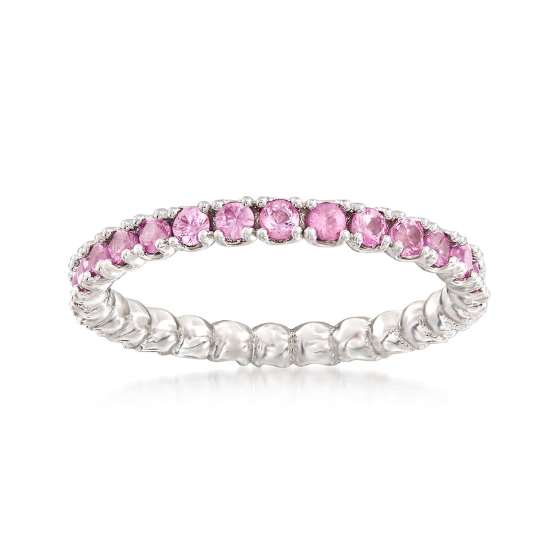 Sterling silver eternity band with oval pink sapphire accents, stackable style
