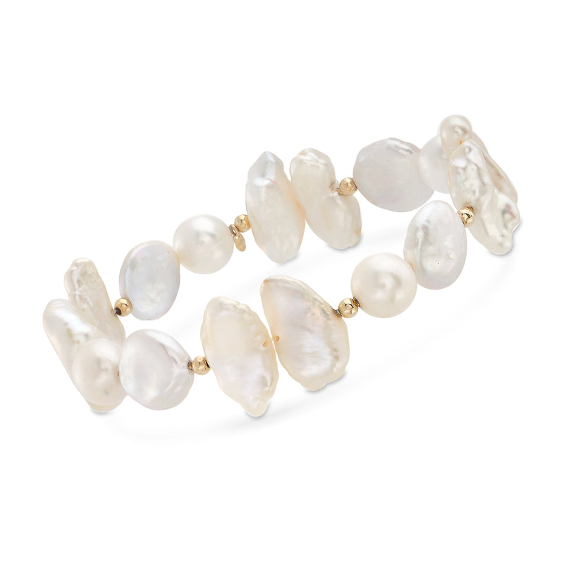Cultured pearl stretch bracelet with white baroque pearls and 14kt yellow gold beads