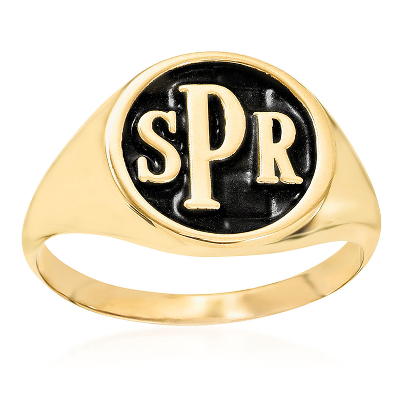 14kt yellow gold signet ring with black oval face and antiqued SPR monogram