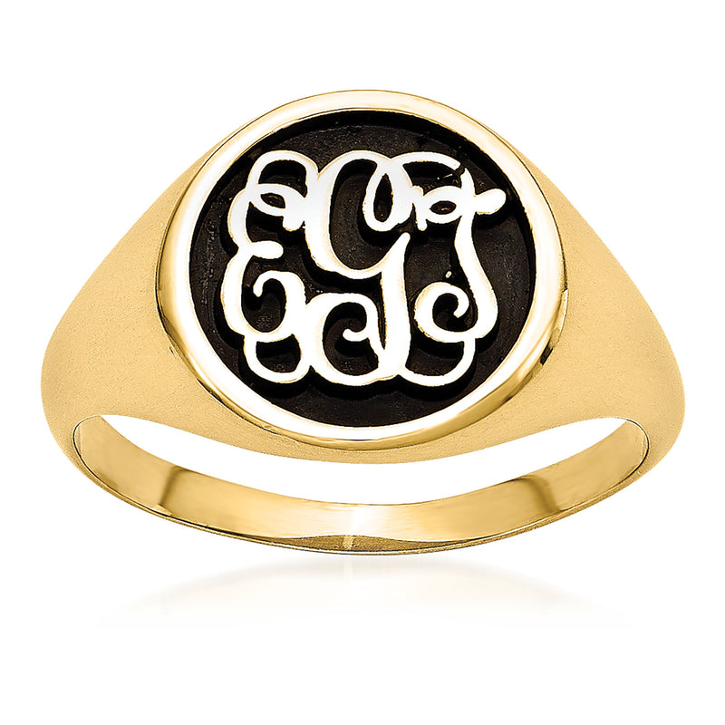 14kt yellow gold monogram signet ring with black center panel and white raised lettering