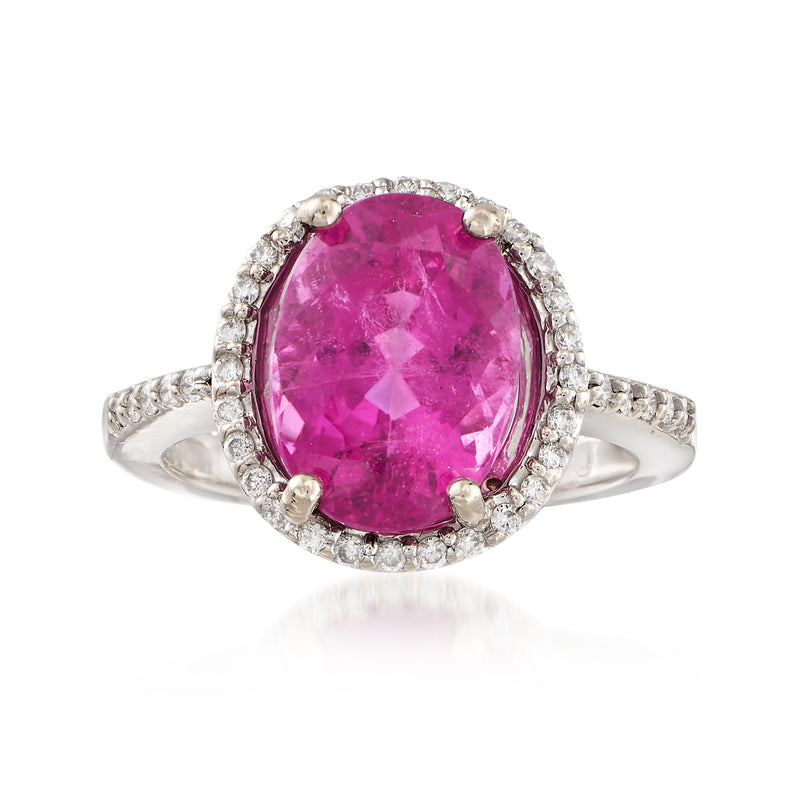 Vintage pink tourmaline diamond ring, oval center stone, 14kt white gold halo