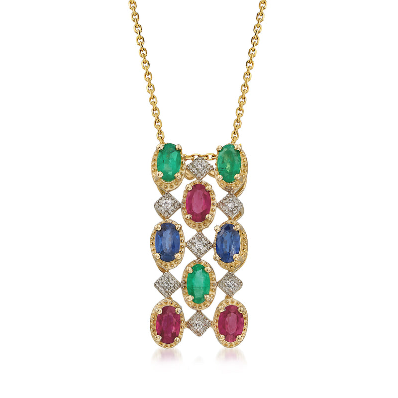14k yellow gold chain necklace with multi-stone pendant: green, blue, red stones and white accents.