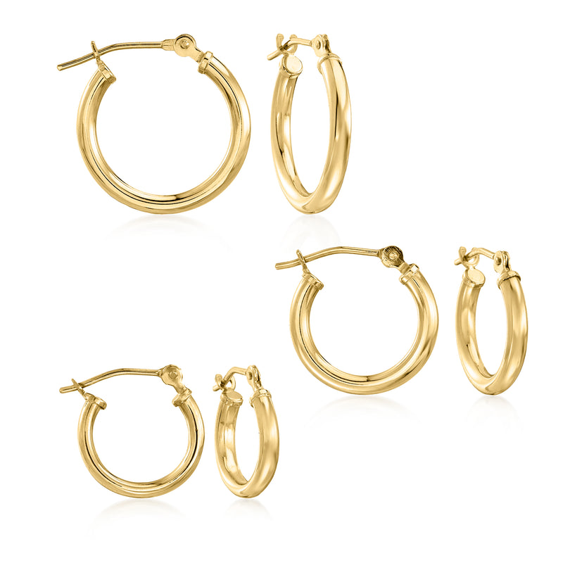 Set of three pairs of 2mm yellow gold hoop earrings with hinged posts