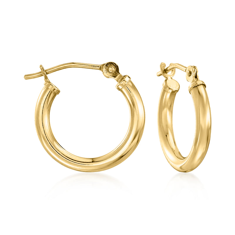 2mm yellow gold hoop earrings, hinged clasp and front view pair