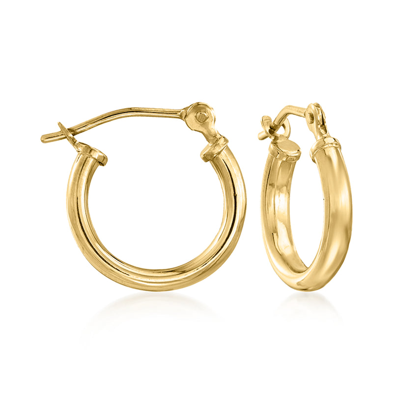 2mm yellow gold hoop earrings with hinged posts, front and side pair